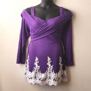 2 for $25 Purple Lace Trim Off Shoulders Cris-Cross Top Plus Sizes 1x, 2x 3x